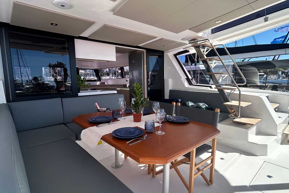 Deck of Just Wonder, a Dufour Cervetti 44 catamaran at Lagos, Portugal