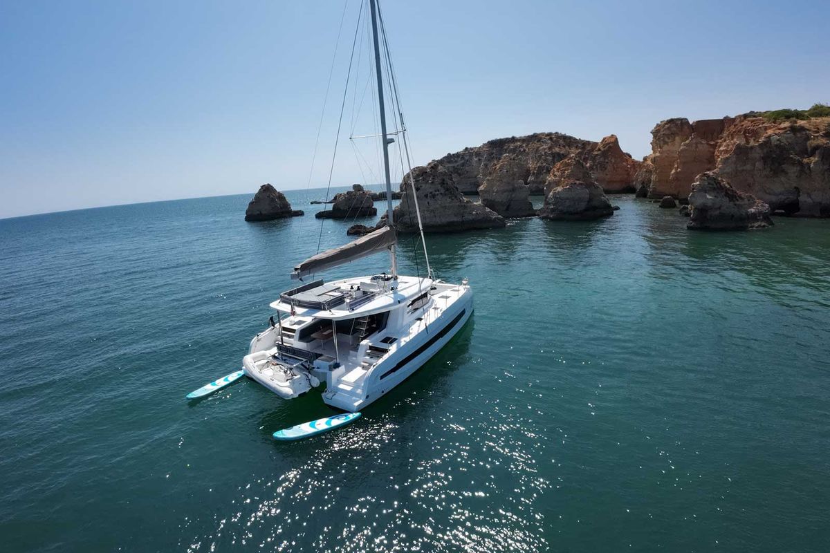 Exterior view of Just Wonder, a Dufour Cervetti 44 catamaran at Lagos, Portugal