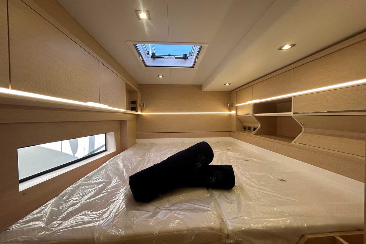 Cabin on Just Wonder, a Dufour Cervetti 44 catamaran at Lagos, Portugal