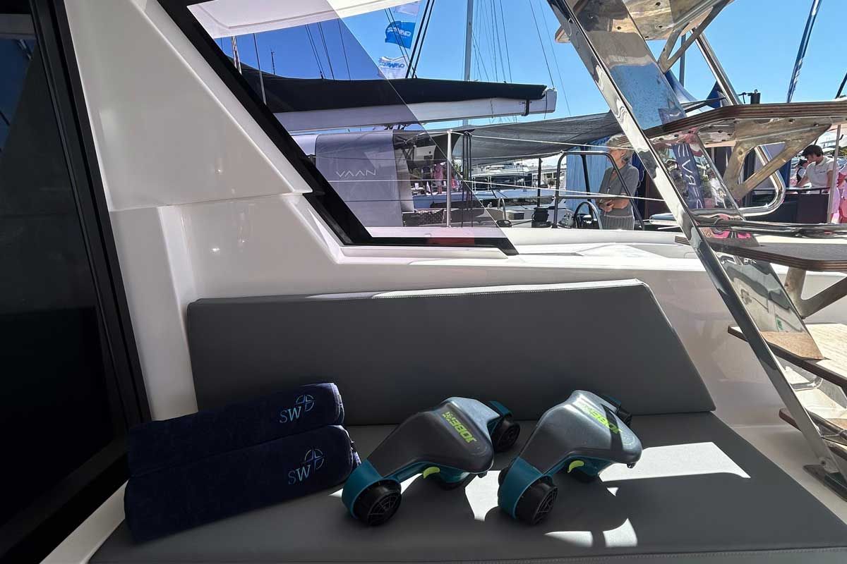 Deck of Just Wonder, a Dufour Cervetti 44 catamaran at Lagos, Portugal