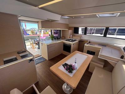 Salon of Just Wonder, a Dufour Cervetti 44 catamaran at Lagos, Portugal