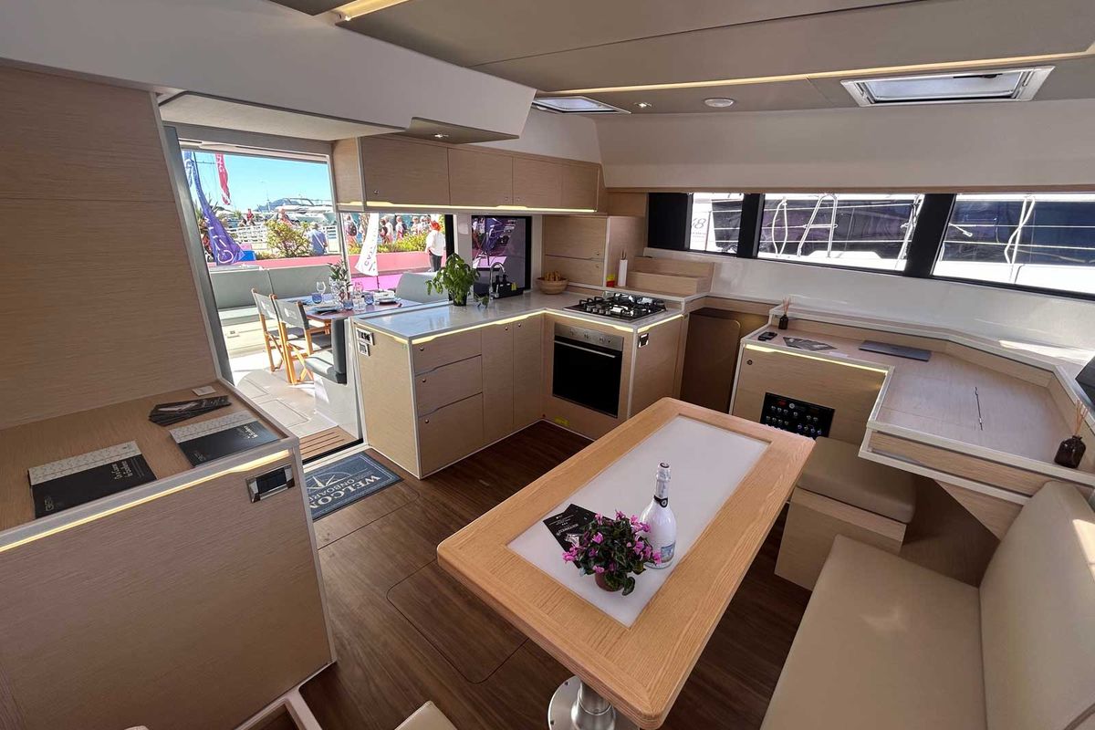 Salon of Just Wonder, a Dufour Cervetti 44 catamaran at Lagos, Portugal
