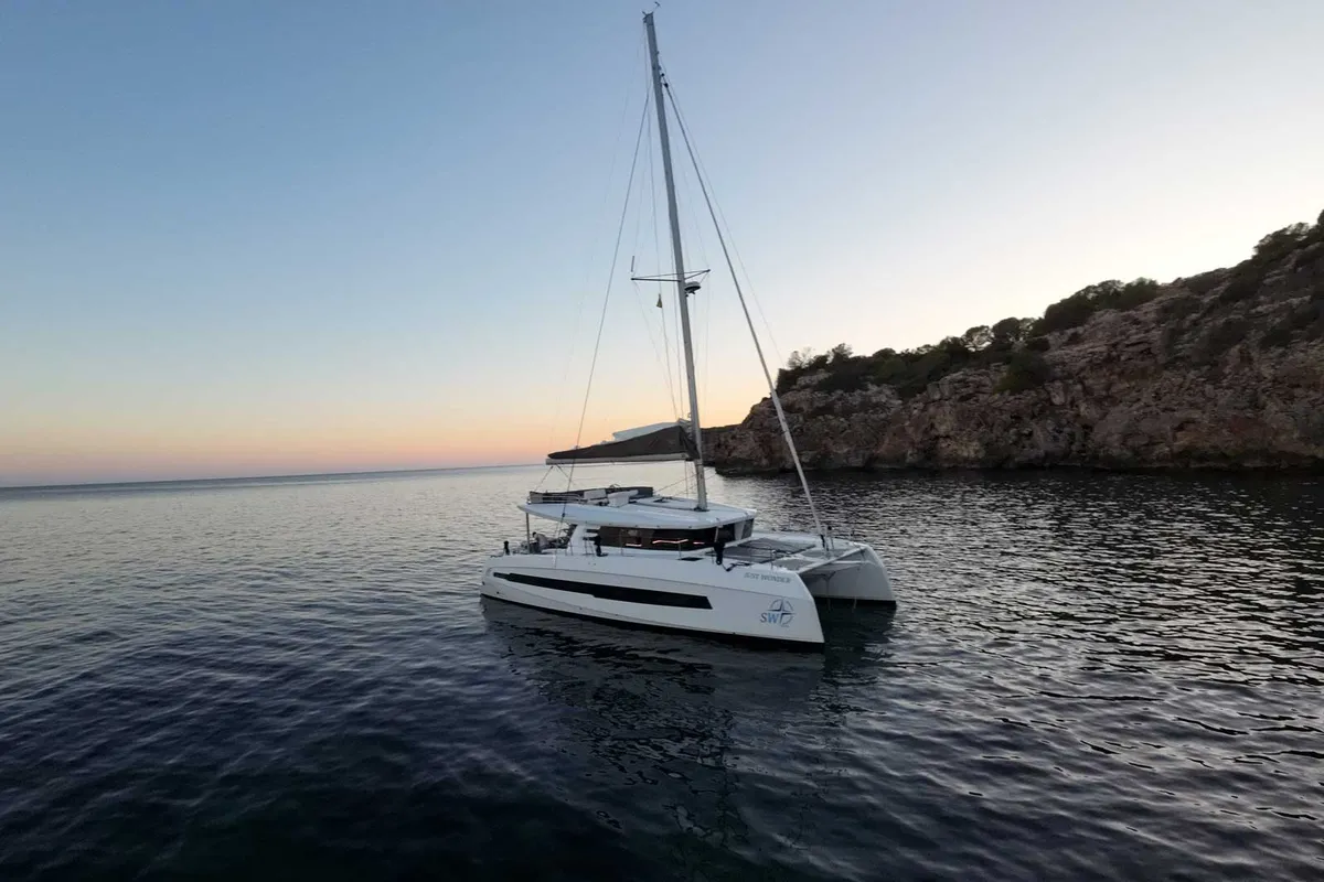 Exterior view of Just Wonder, a Dufour Cervetti 44 catamaran at Lagos, Portugal