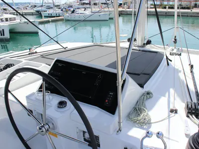 Cockpit of NADA I, a Lagoon 450 catamaran at Seget Donji, Croatia