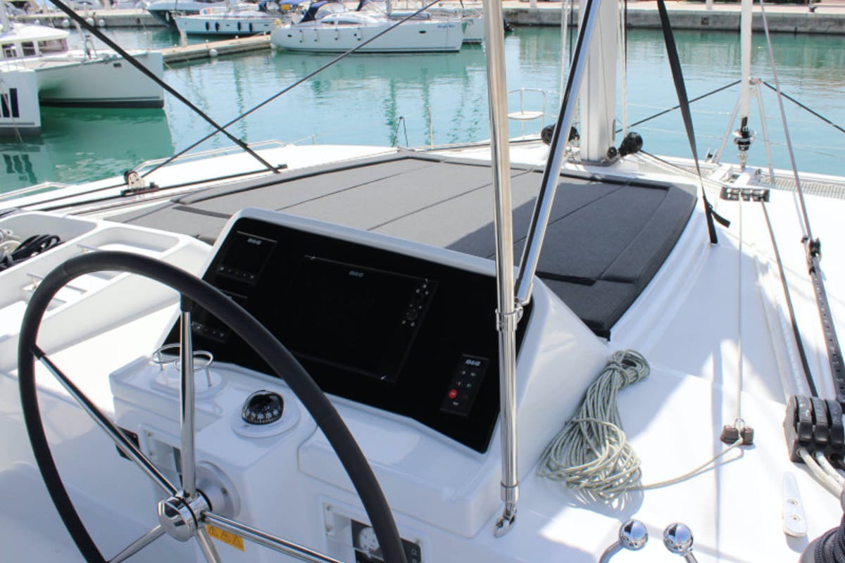 Cockpit of NADA I, a Lagoon 450 catamaran at Seget Donji, Croatia