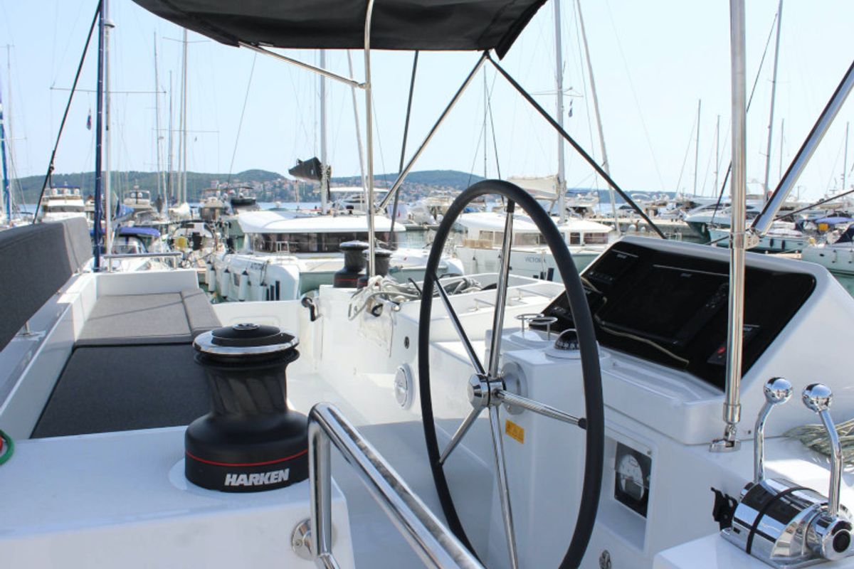 Cockpit of NADA I, a Lagoon 450 catamaran at Seget Donji, Croatia