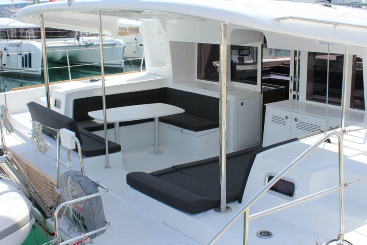 Deck of NADA I, a Lagoon 450 catamaran at Seget Donji, Croatia