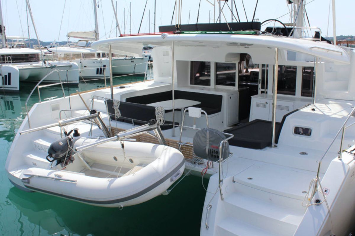 Deck of NADA I, a Lagoon 450 catamaran at Seget Donji, Croatia
