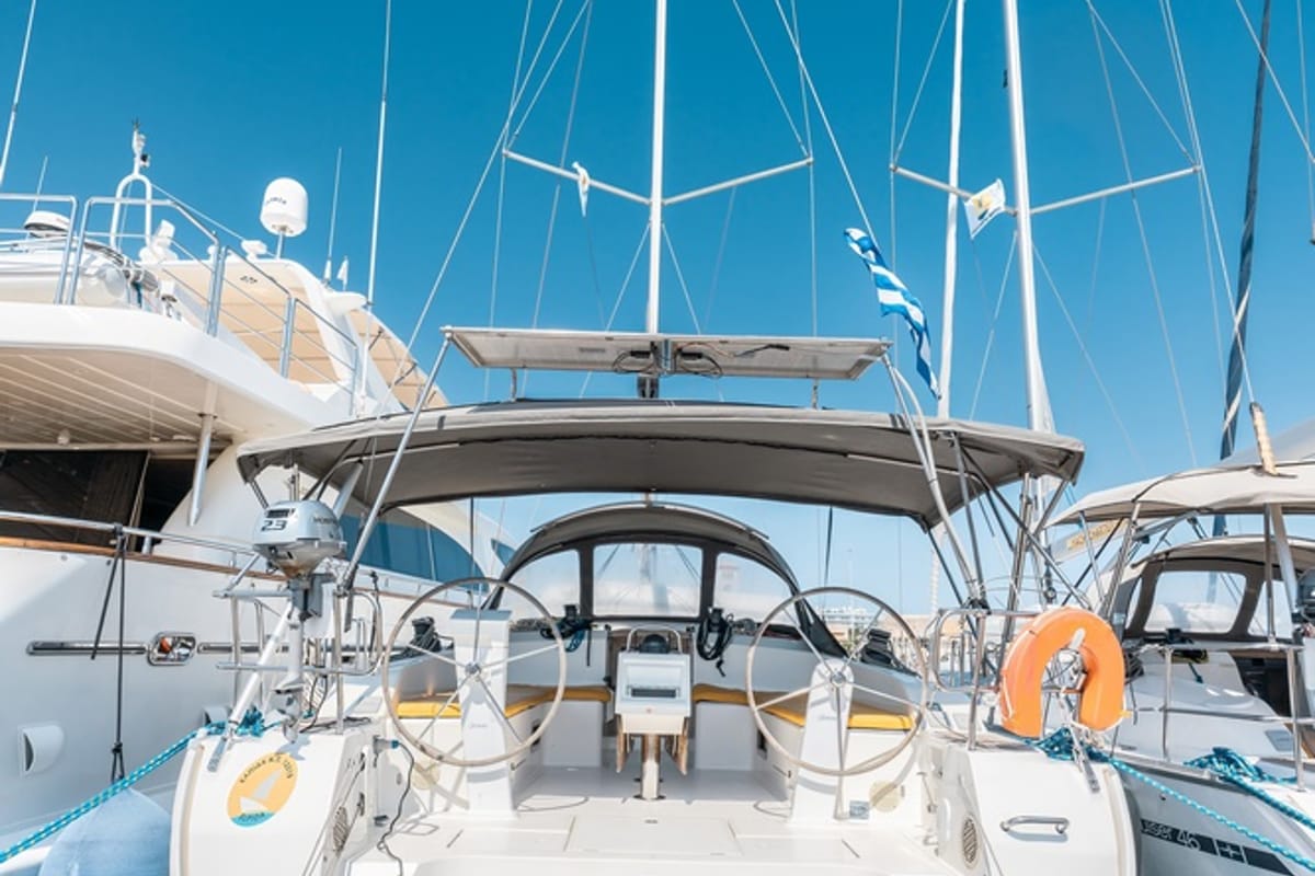 Cockpit of Elpida, a Bavaria Cruiser 51 sailboat at Municipal Unit of Rhodes, Greece
