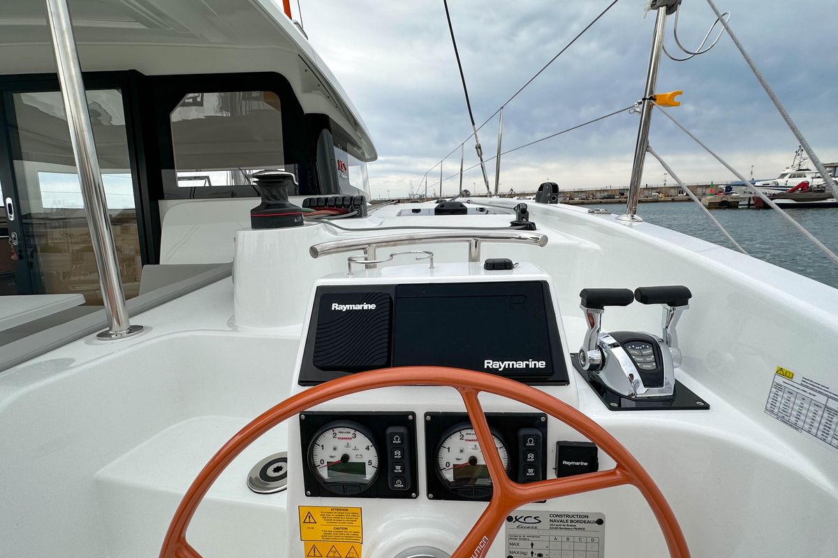 Cockpit of Charrua, a Excess 11 catamaran at Palma de Mallorca, Spain