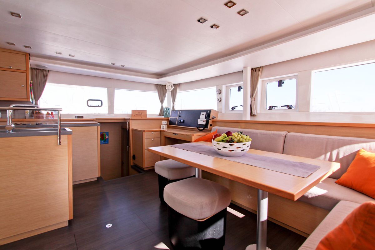 Salon of Le.One, a Lagoon 450 catamaran at Nettuno, Italy