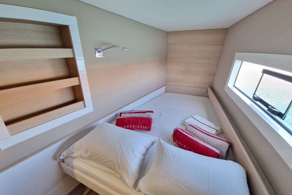 Cabin on HAKUNA, a Aventura Catamarans Aventura 37 catamaran at Sant Antoni de Portmany, Spain