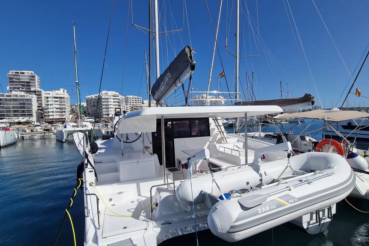Exterior view of HAKUNA, a Aventura Catamarans Aventura 37 catamaran at Sant Antoni de Portmany, Spain