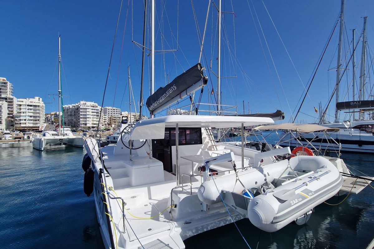 Exterior view of HAKUNA, a Aventura Catamarans Aventura 37 catamaran at Sant Antoni de Portmany, Spain
