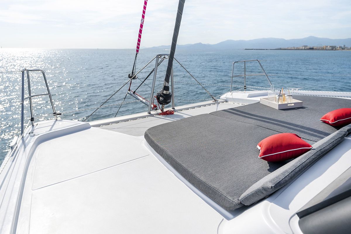 Deck of HAKUNA, a Aventura Catamarans Aventura 37 catamaran at Sant Antoni de Portmany, Spain