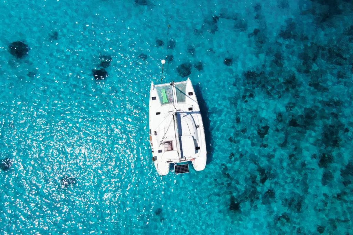 Exterior view of Modjo, a Lagoon 380 S2 catamaran at Seychelles, Mahe, Seychelles