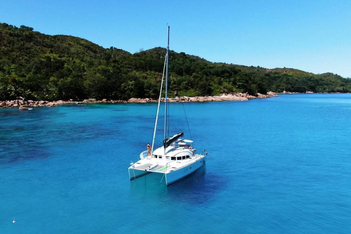 Exterior view of Modjo, a Lagoon 380 S2 catamaran at Seychelles, Mahe, Seychelles