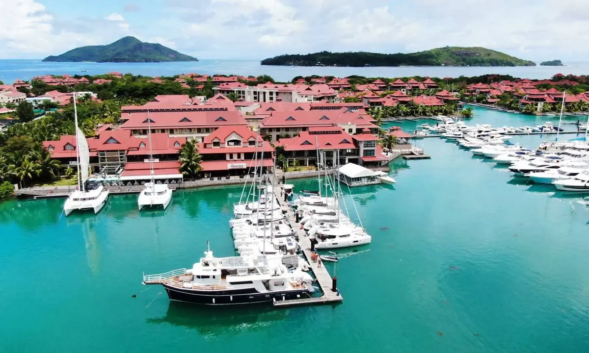 Exterior view of Modjo, a Lagoon 380 S2 catamaran at Seychelles, Mahe, Seychelles