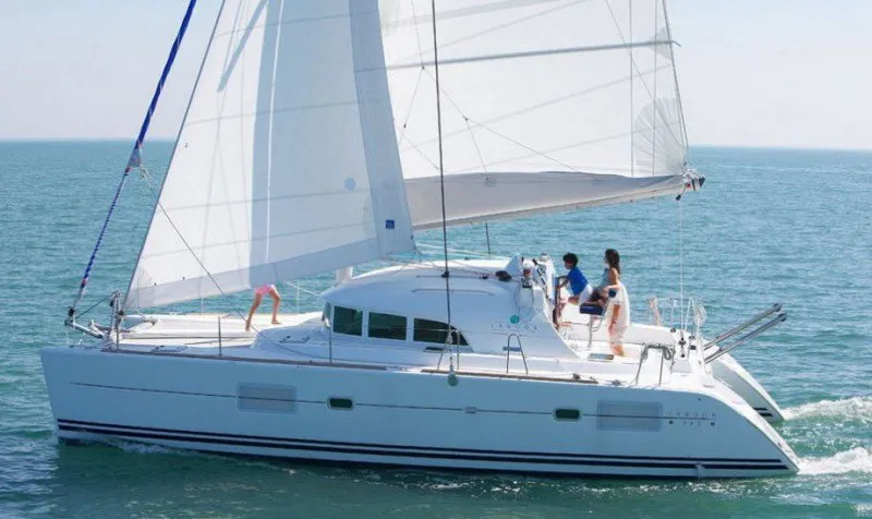 Exterior view of Modjo, a Lagoon 380 S2 catamaran at Seychelles, Mahe, Seychelles