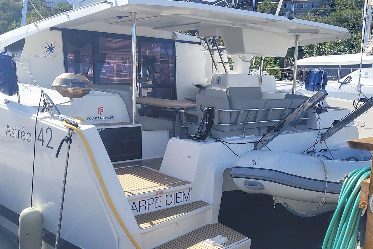 Deck of Carpe Diem - BVI, a Fountaine Pajot Astrea 42 catamaran at Road Town, British Virgin Islands