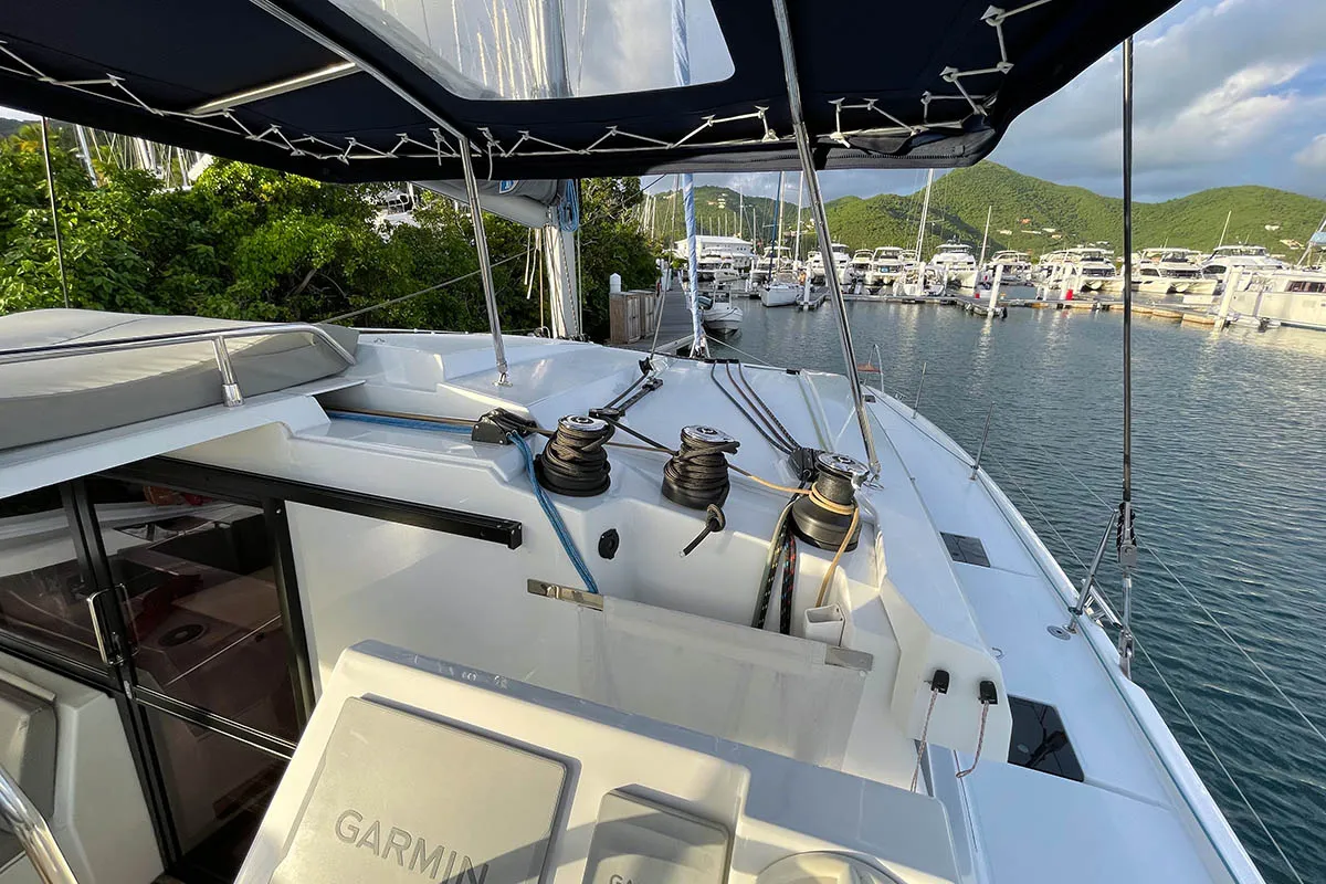 Cockpit of Carpe Diem - BVI, a Fountaine Pajot Astrea 42 catamaran at Road Town, British Virgin Islands