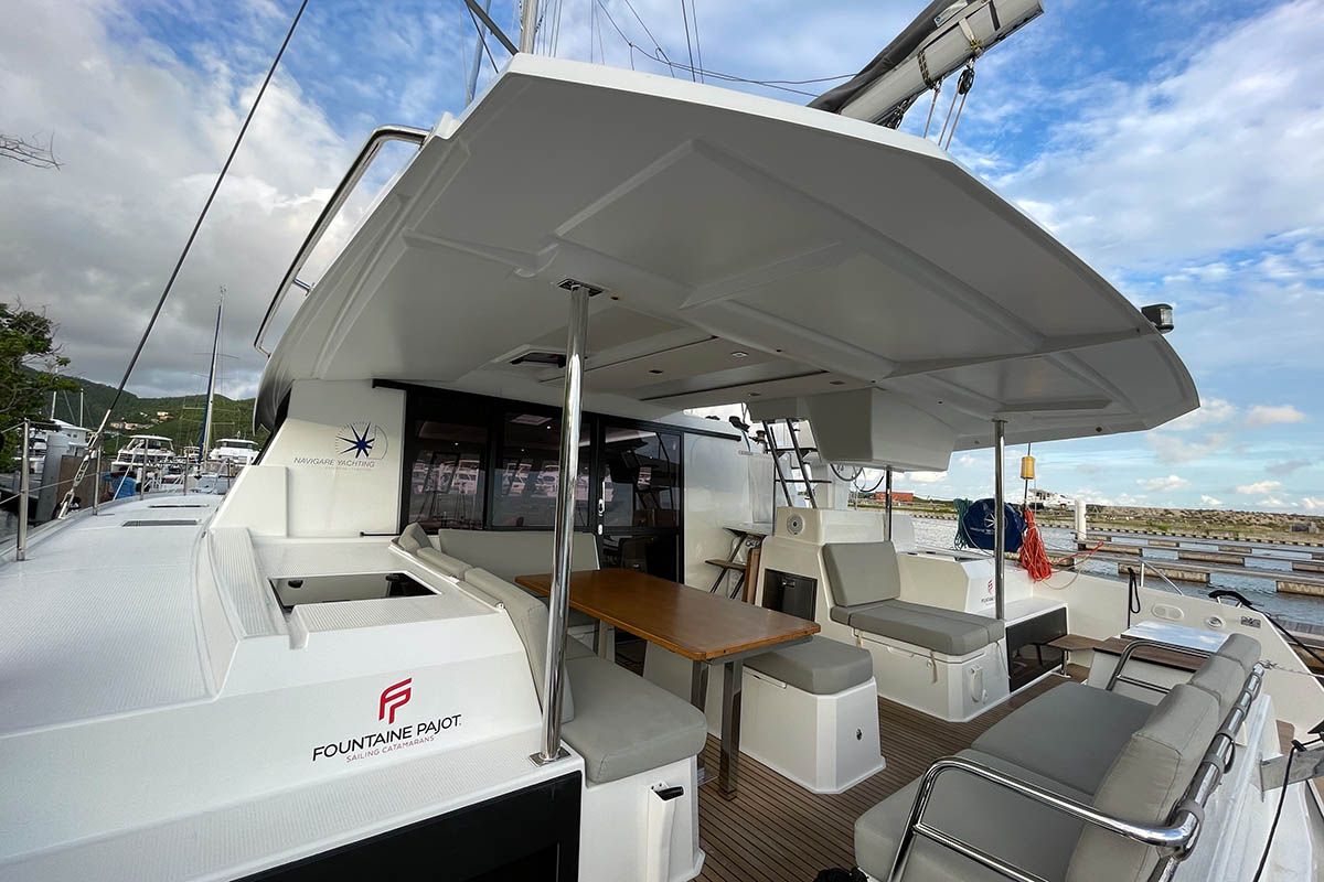 Deck of Carpe Diem  - BVI, a Fountaine Pajot Astrea 42 catamaran at Road Town, British Virgin Islands