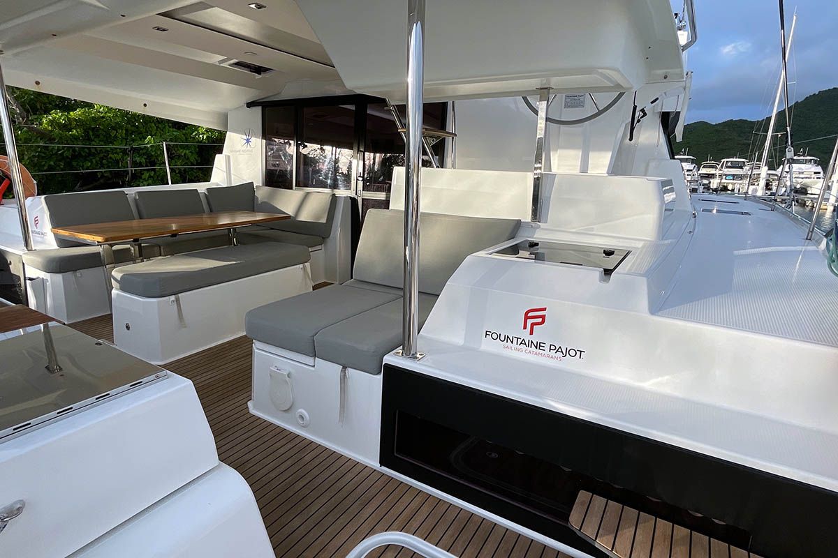 Deck of Carpe Diem - BVI, a Fountaine Pajot Astrea 42 catamaran at Road Town, British Virgin Islands