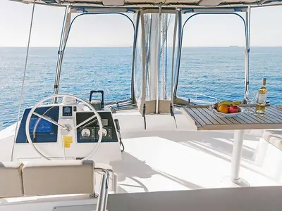Cockpit of Kos 46.Cat6, a Bali 4.6 catamaran at Volos Municipality, Greece