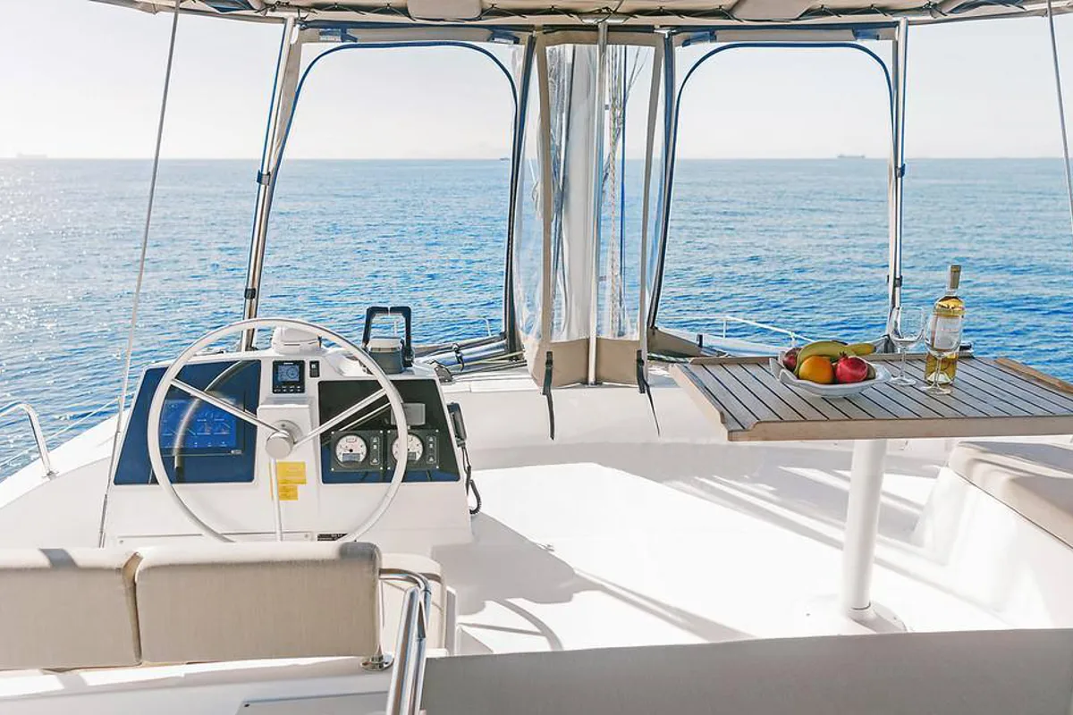 Cockpit of Kos 46.Cat6, a Bali 4.6 catamaran at Volos Municipality, Greece