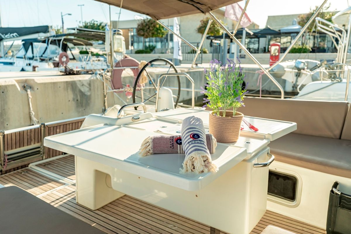 Deck of Vitamin Sea, a Jeanneau Sun Odyssey 490 sailboat at Municipal Unit of Rhodes, Greece