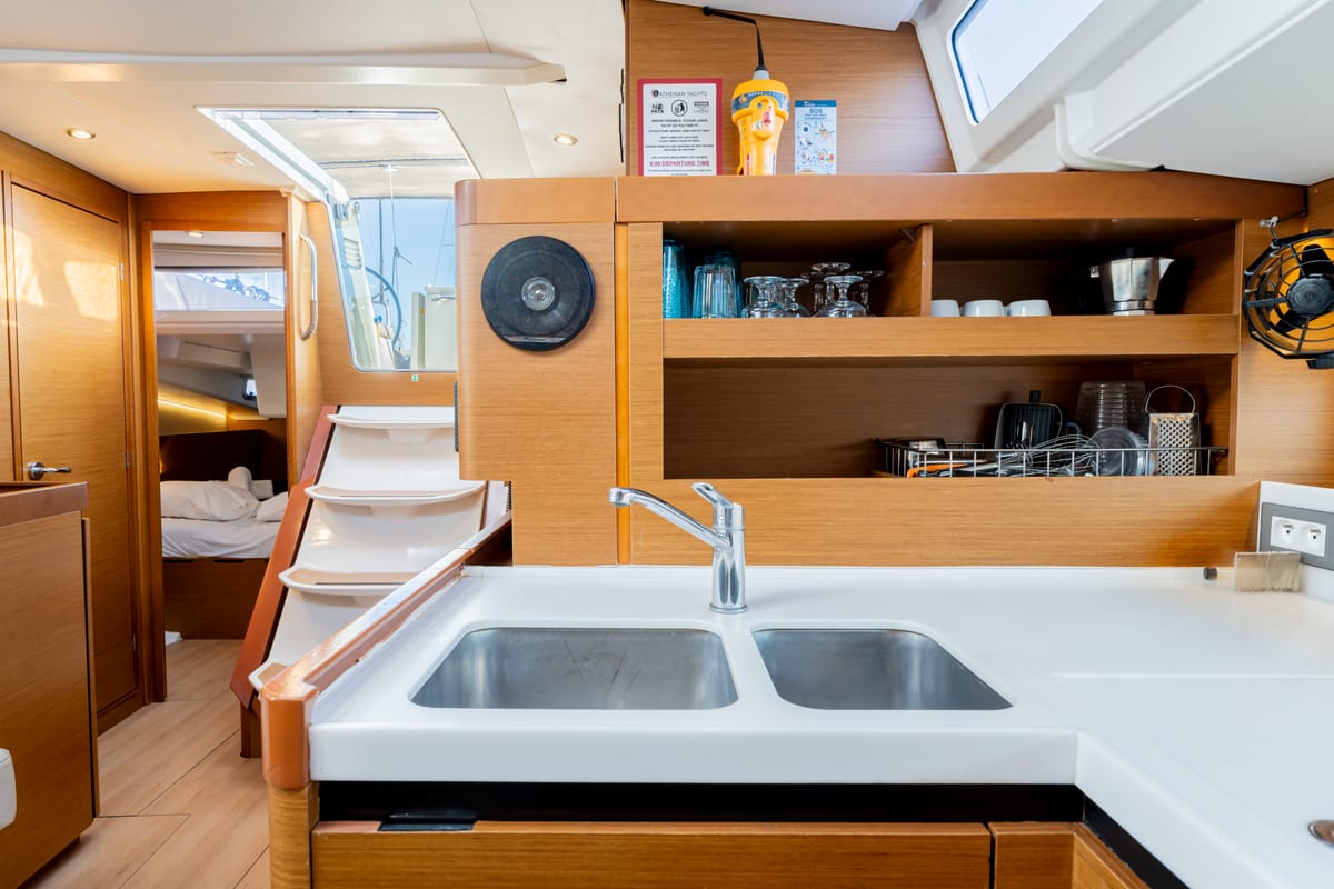 Galley of Vitamin Sea, a Jeanneau Sun Odyssey 490 sailboat at Municipal Unit of Rhodes, Greece
