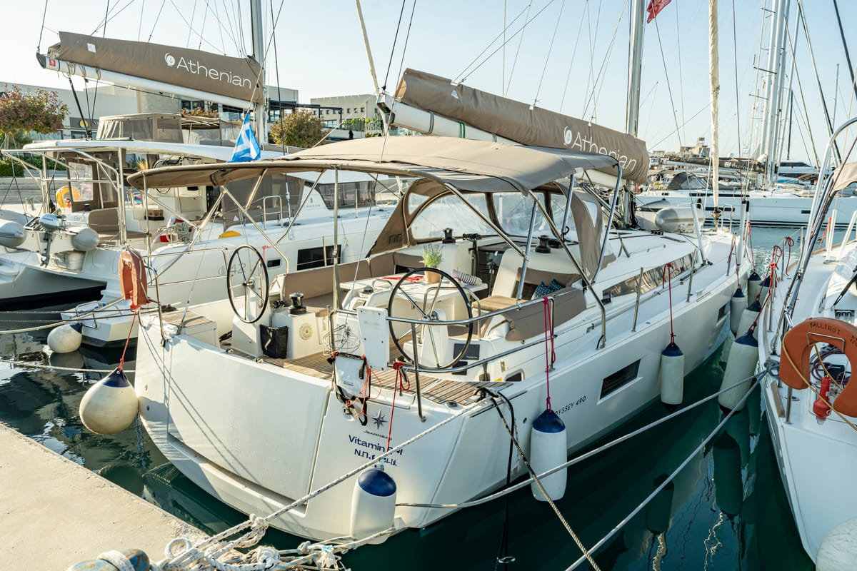 Exterior view of Vitamin Sea, a Jeanneau Sun Odyssey 490 sailboat at Municipal Unit of Rhodes, Greece