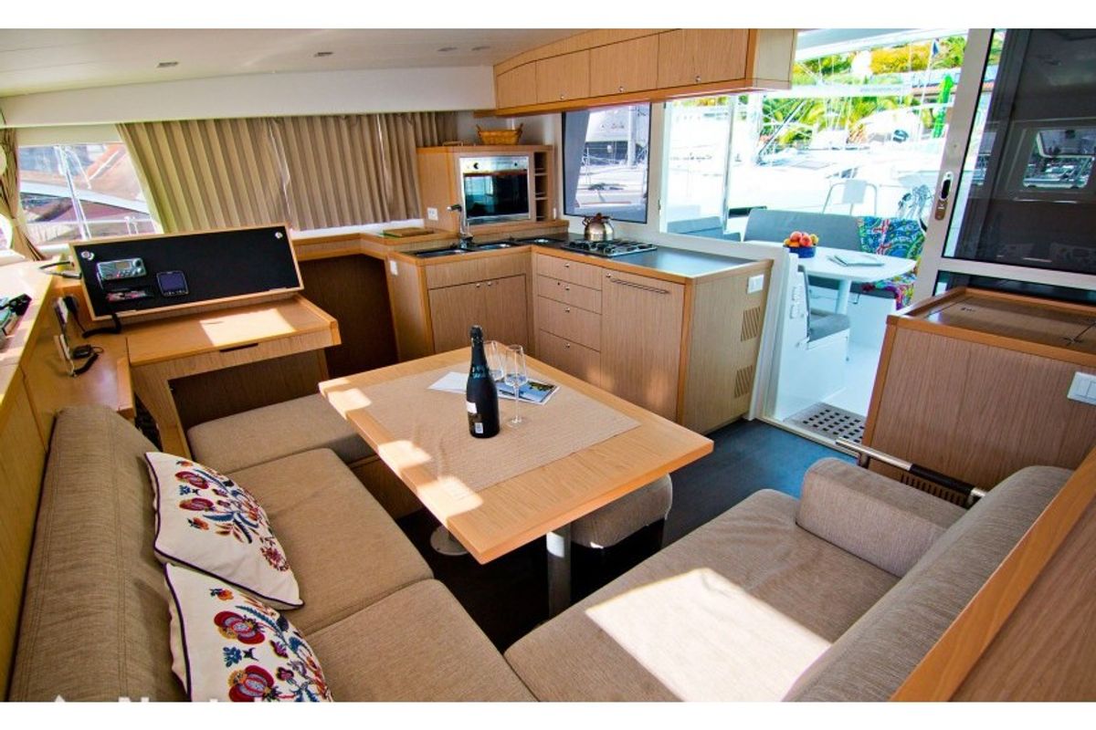 Salon of Opale 4, a Lagoon 400 S2 catamaran at Hyères, France