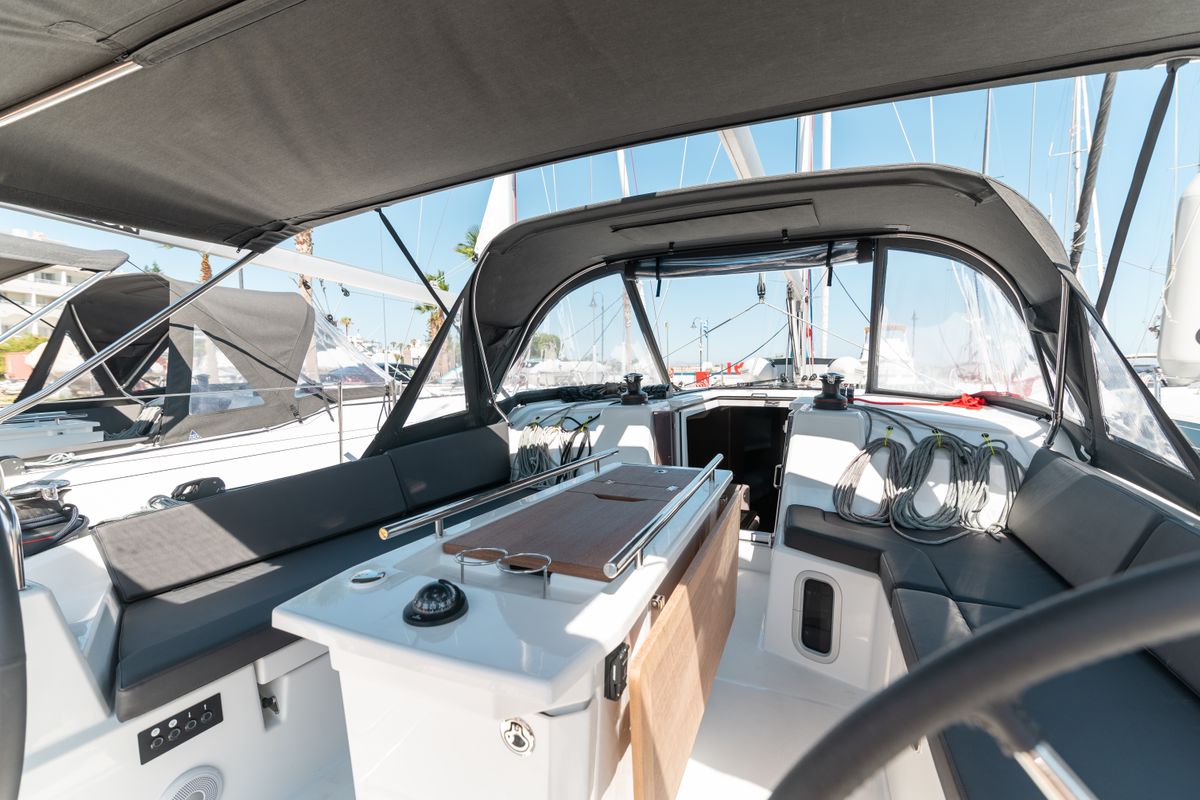 Cockpit of Little Spiros, a Beneteau Oceanis 40.1 sailboat at Kos, Greece