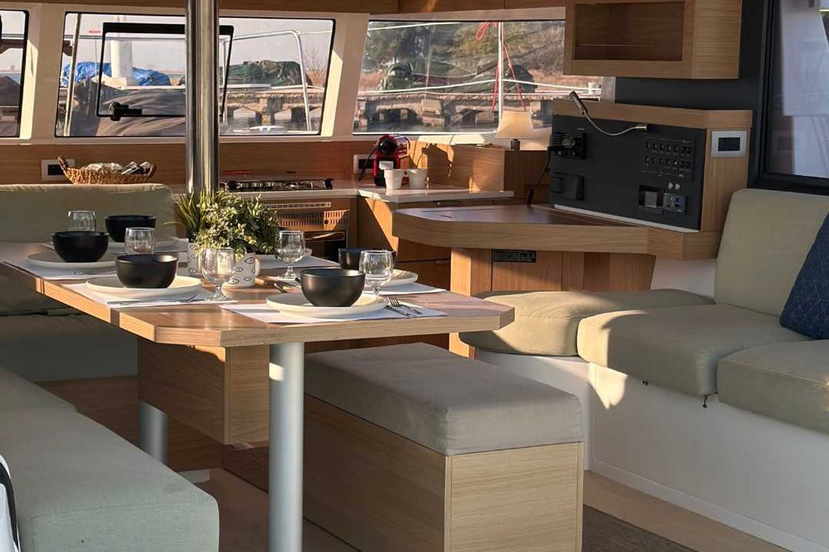 Salon of Northcat 38, a Bali Catsmart catamaran at Preveza, Greece