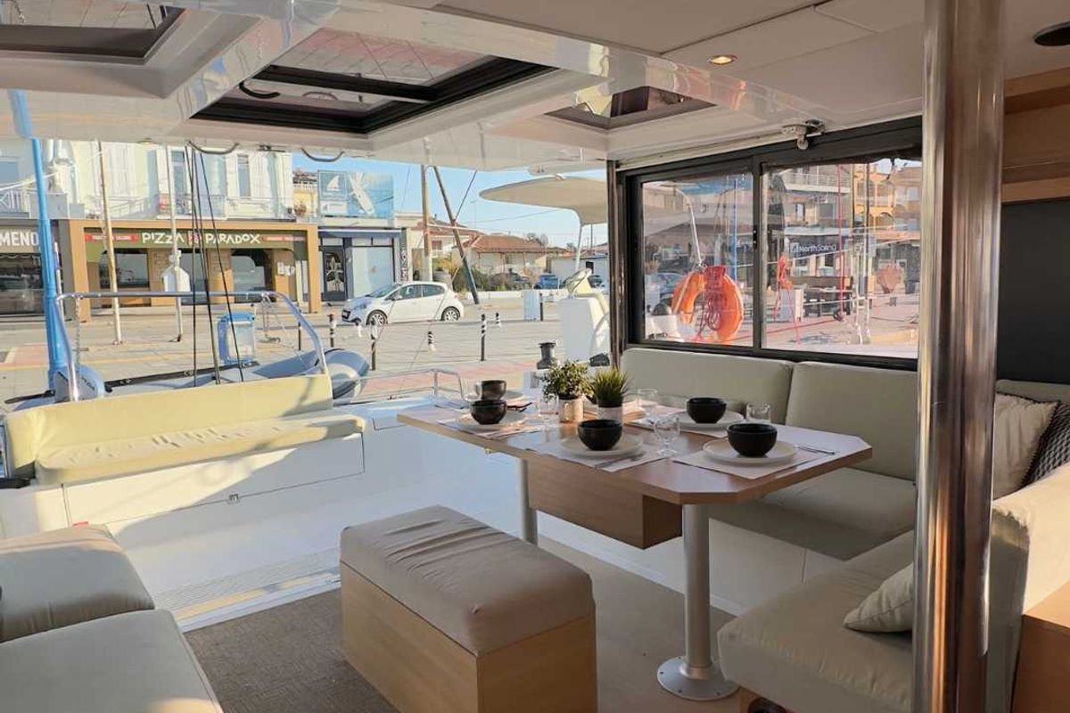 Salon of Northcat 38, a Bali Catsmart catamaran at Preveza, Greece