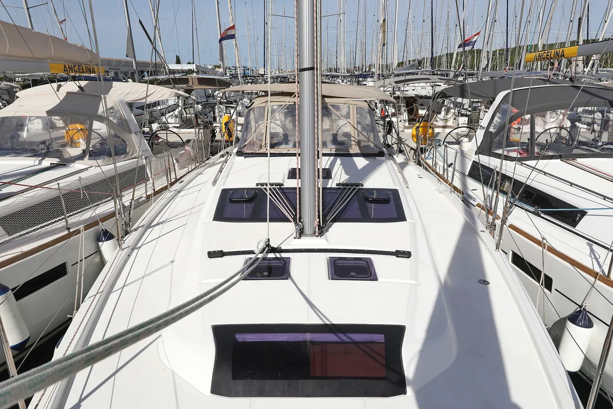 Deck of Adriatic Office, a Dufour 430 GL sailboat at Grad Trogir, Croatia