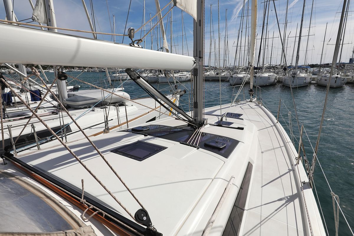 Deck of Adriatic Office, a Dufour 430 GL sailboat at Grad Trogir, Croatia