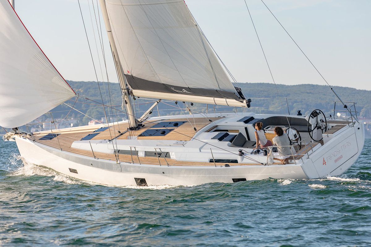 Exterior view of Nimbus, a Hanse Yachts Hanse 458 sailboat at Athens, Greece