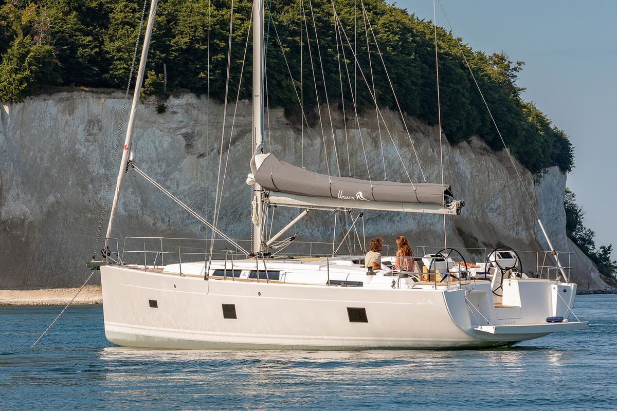 Exterior view of Nimbus, a Hanse Yachts Hanse 458 sailboat at Athens, Greece