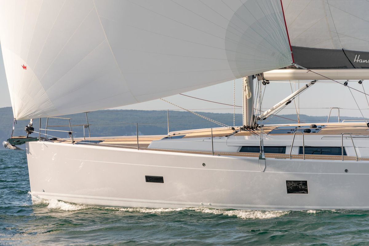 Exterior view of Nimbus, a Hanse Yachts Hanse 458 sailboat at Athens, Greece