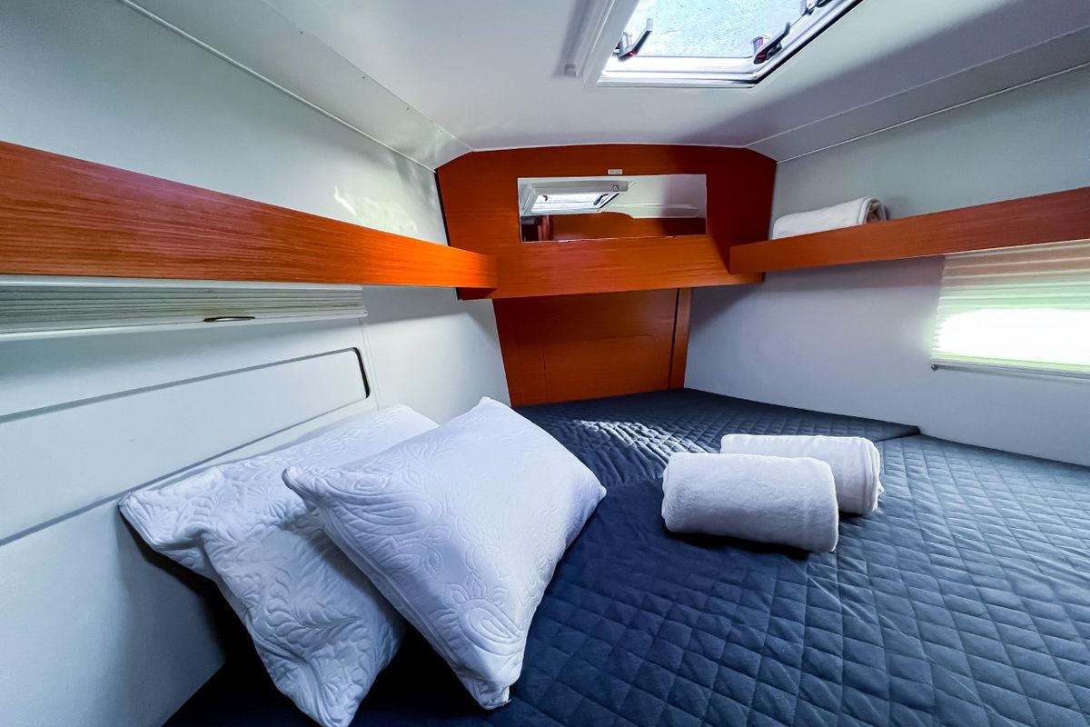 Cabin on Cuir Noir, a Dufour 390 Grand Large sailboat at Bocca di Magra, Italy