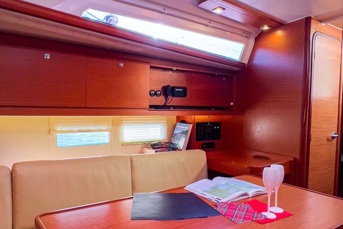 Salon of Cuir Noir, a Dufour 390 Grand Large sailboat at Bocca di Magra, Italy