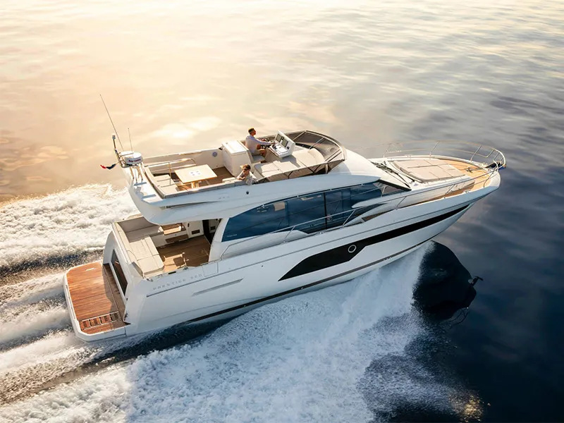 Exterior view of Sabijac, a Jeanneau Prestige 520 Flybridge yacht at Grad Šibenik, Croatia