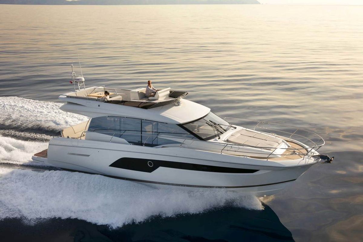 Exterior view of Sabijac, a Jeanneau Prestige 520 Flybridge yacht at Grad Šibenik, Croatia