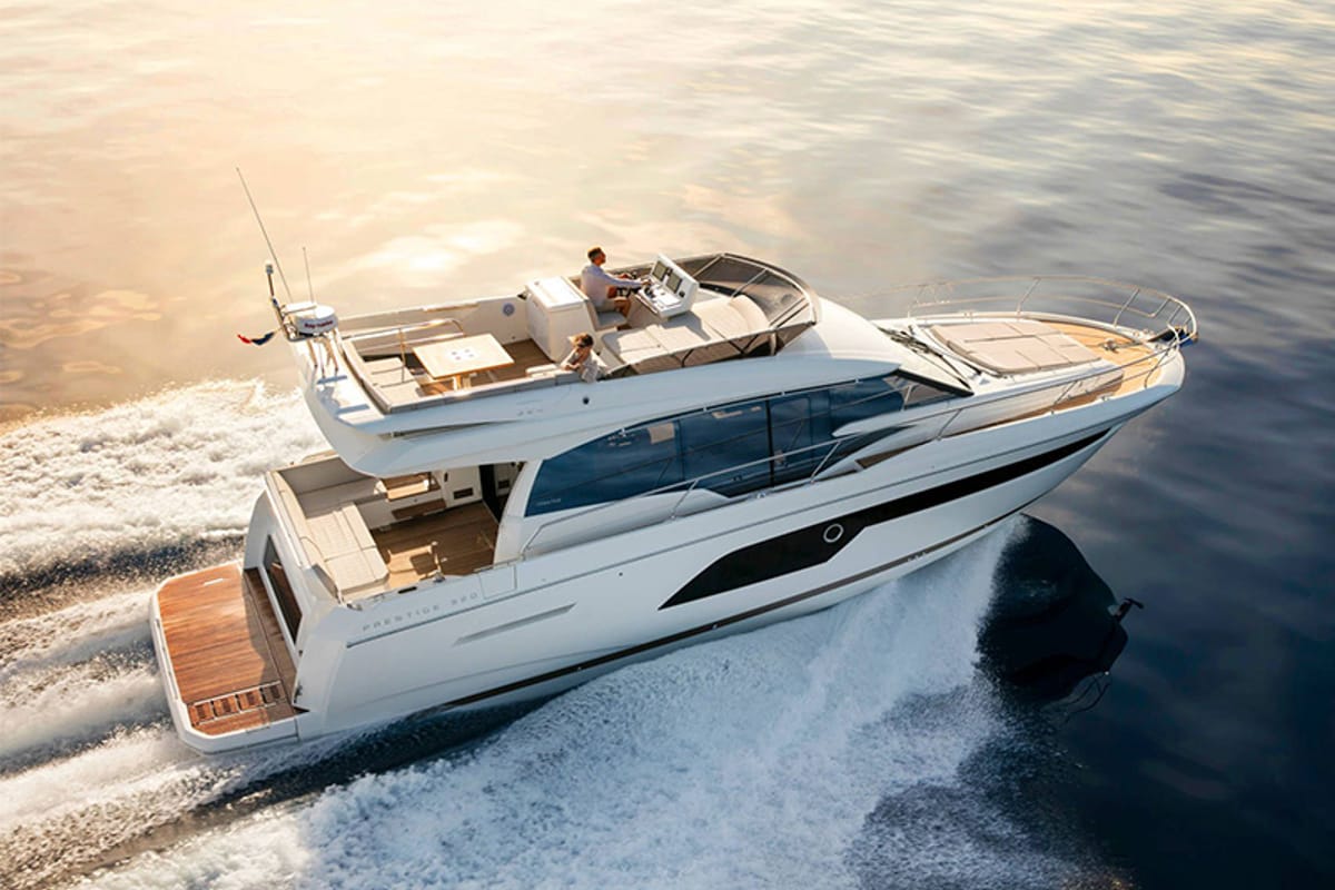 Exterior view of Sabijac, a Jeanneau Prestige 520 Flybridge yacht at Grad Šibenik, Croatia