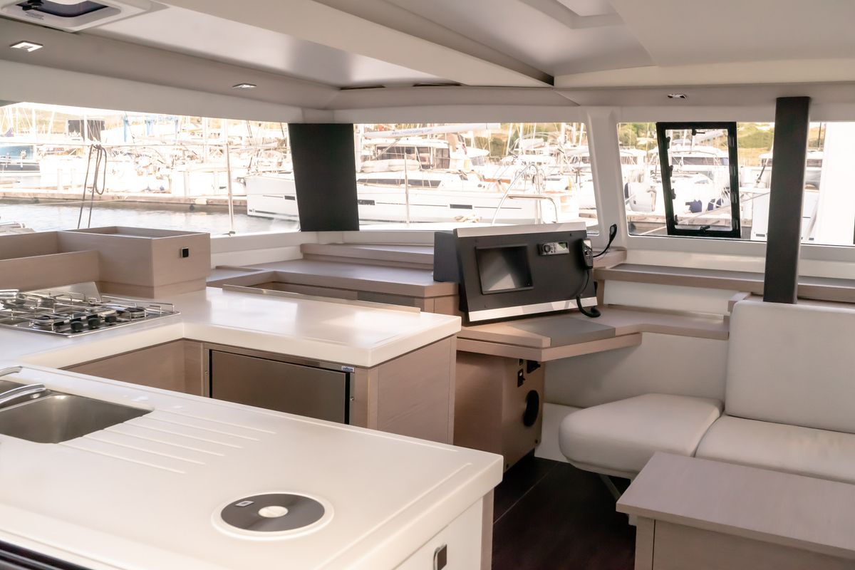 Salon of ION, a Fountaine Pajot Astréa 42 catamaran at Municipal Unit of Kranidi, Greece