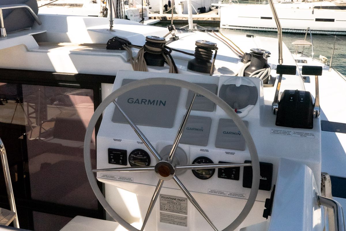 Cockpit of ION, a Fountaine Pajot Astréa 42 catamaran at Municipal Unit of Kranidi, Greece