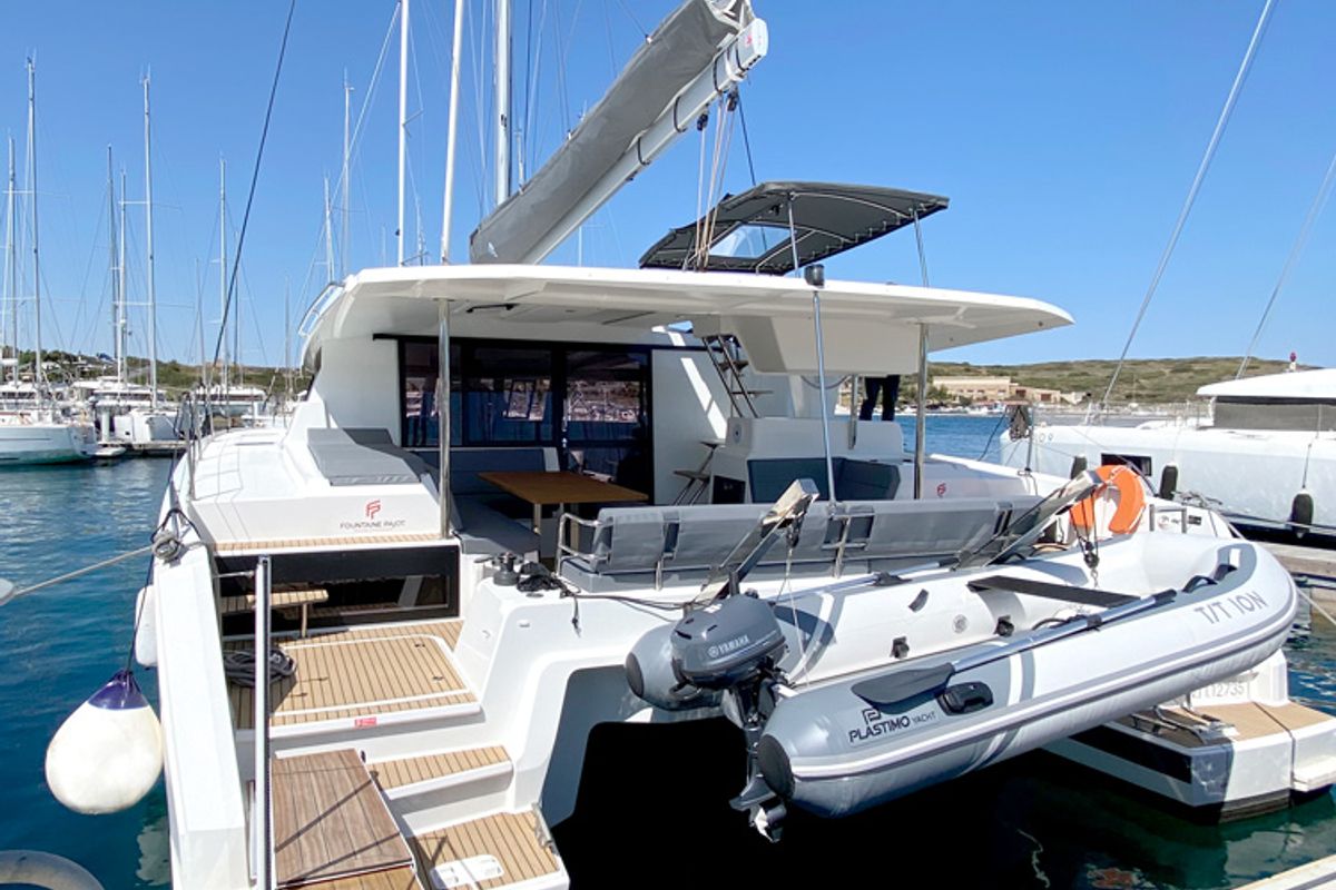 Exterior view of ION, a Fountaine Pajot Astréa 42 catamaran at Municipal Unit of Kranidi, Greece
