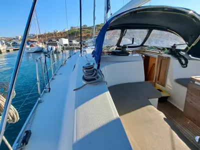Deck of Amore, a Bavaria Cruiser 46 sailboat at Municipal Unit of Lefkada, Greece